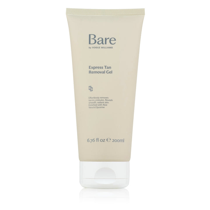 Bare by Vogue Express Tan Removal Gel in a beige tube with minimalist branding and white cap