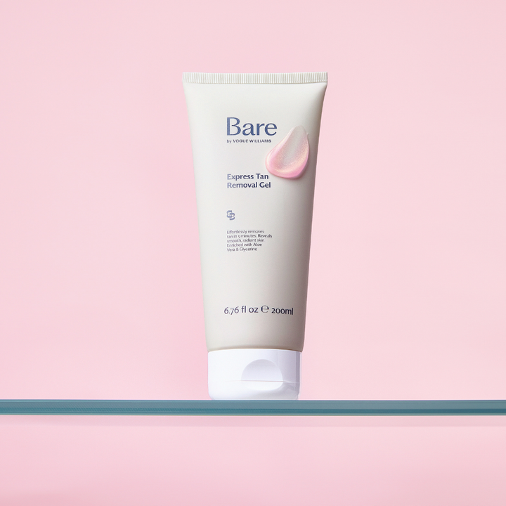 Bare by Vogue express tan removal gel in a white tube with pink shimmering droplet detail
