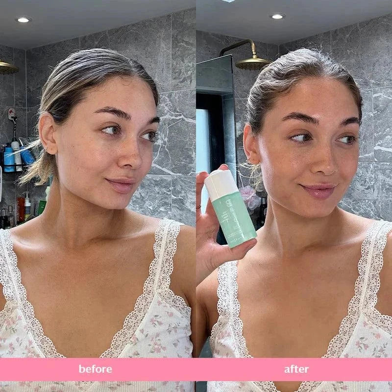 Bare by Vogue face tanning drops in a mint-green bottle, shown with before and after complexion results