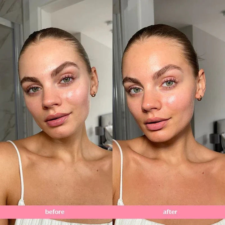 Bare by Vogue face tanning drops before and after showing a subtle, even bronzed glow on fair skin