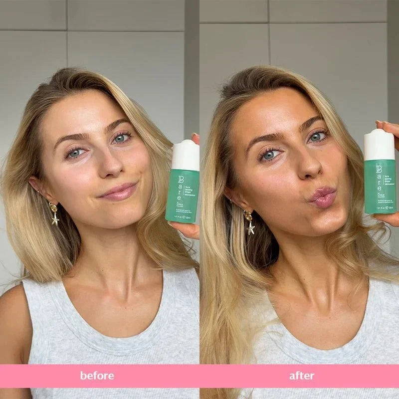 Bare by Vogue Face Tanning Drops green bottle shown beside before-and-after portraits with a bronzed complexion