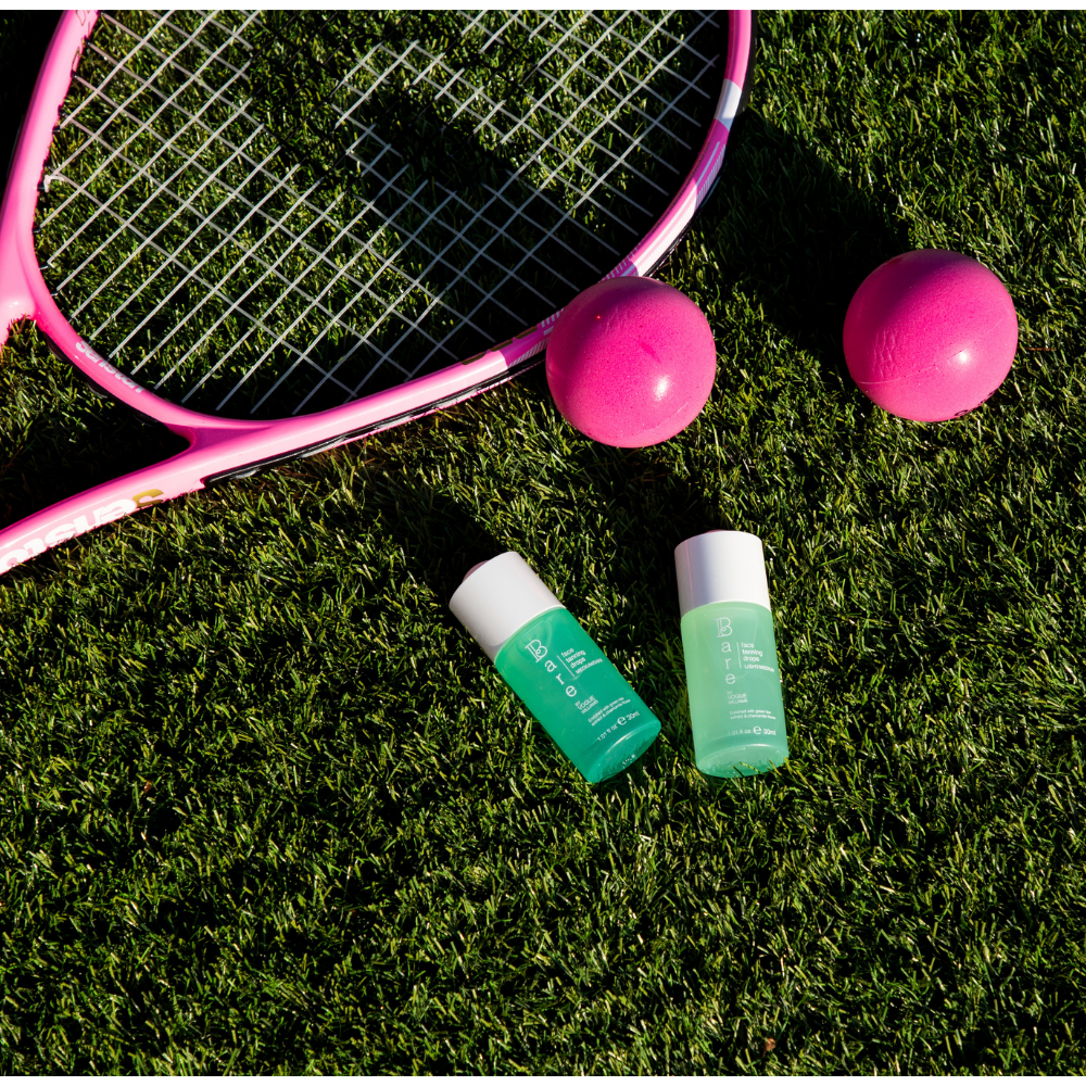 Bare by Vogue Face Tanning Drops green skincare bottles with white caps and printed branding