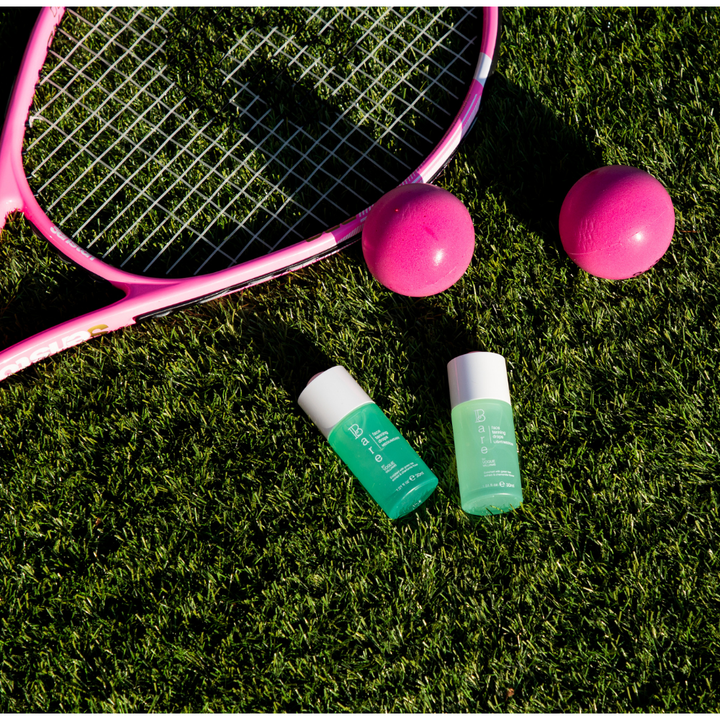 Bare by Vogue Face Tanning Drops green skincare bottles with white caps and printed branding