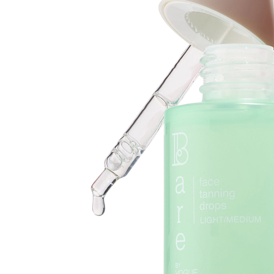 Bare by Vogue face tanning drops in a mint green bottle with clear pipette applicator, Light/Medium shade