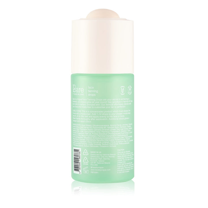 Face tanning drops by Bare by Vogue in a translucent mint green bottle with white cap and pump