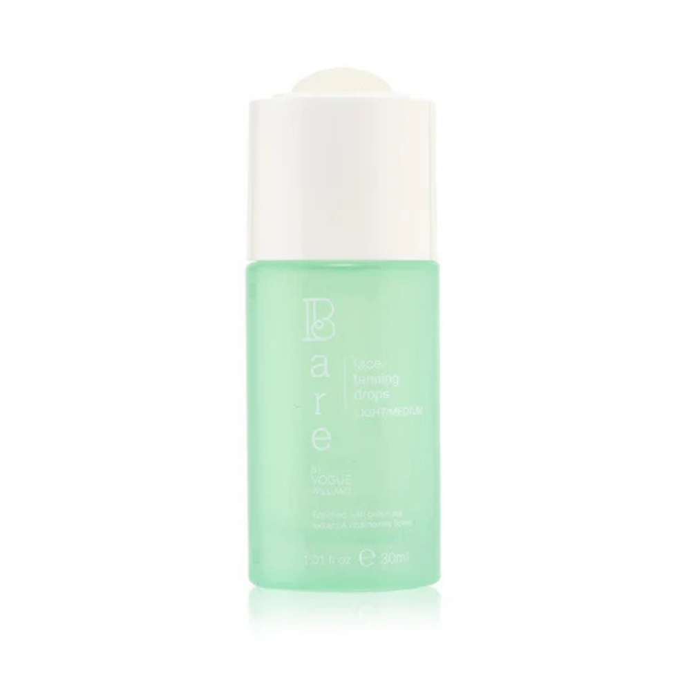 Bare by Vogue face tanning drops in a translucent mint green bottle with white cap