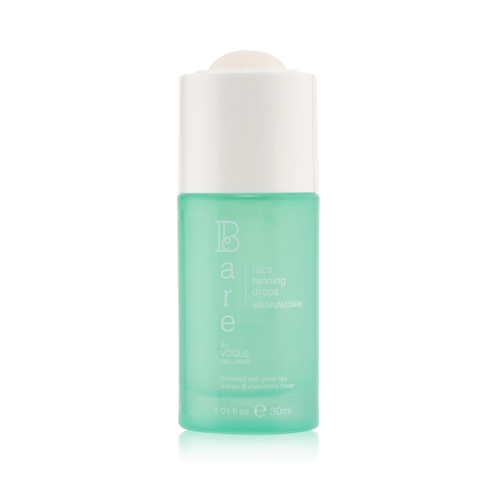 Bare by Vogue Face Tanning Drops in a translucent mint green bottle with a white cap, Medium/Dark formula