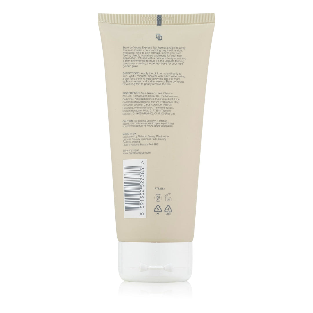Bare by Vogue tan removal gel in a beige squeeze tube with a white cap and printed label