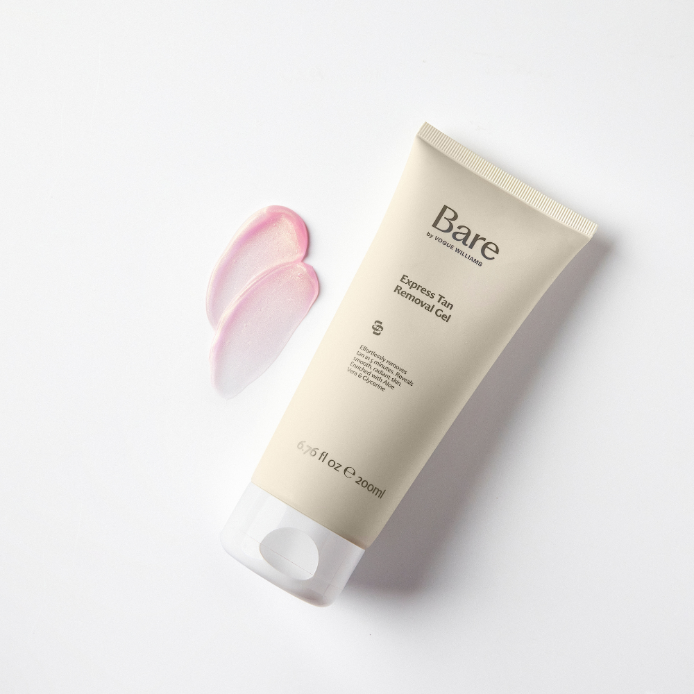 Bare by Vogue tan removal gel in a cream tube with pink shimmery gel swatches