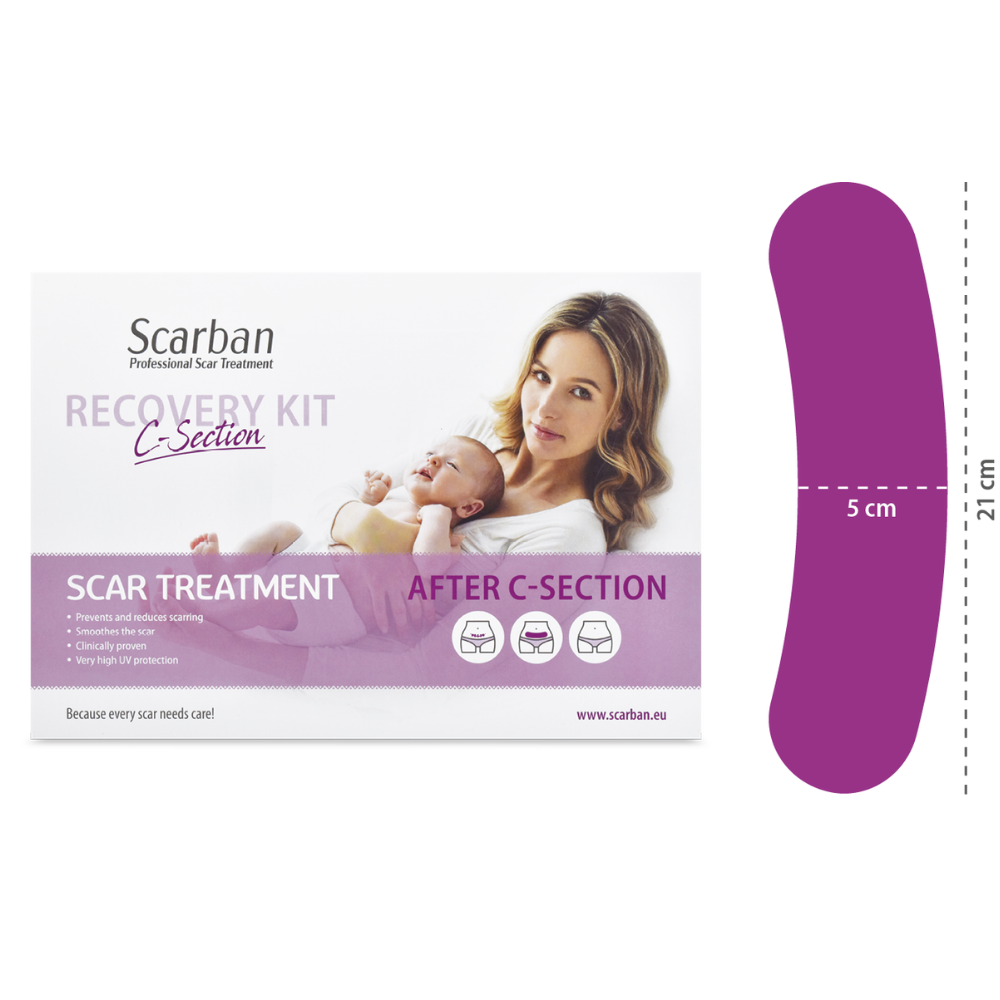 C-Section scar silicone sheet, purple and pre-shaped, shown beside Scarban Recovery Kit packaging with 5 cm and 21 cm measurements