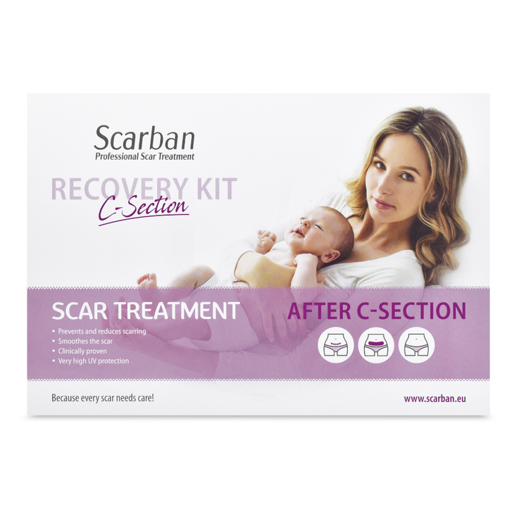 C-Section scar recovery kit packaging featuring Scarban silicone scar treatment and mother with newborn