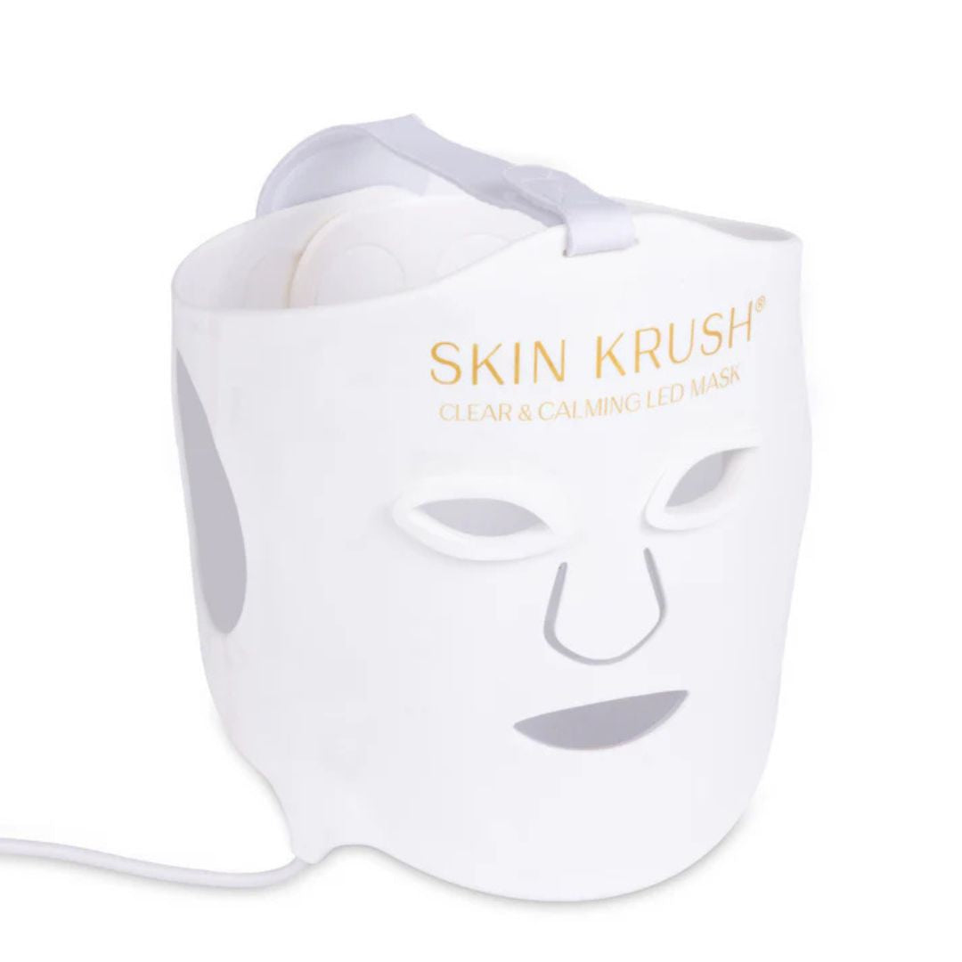 Clear and Calming LED Mask, white facial mask with eye openings, nose contour, smile detail and overhead strap