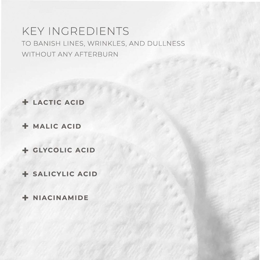 Clinical Skin A.C.E. Treatment Pads showing white textured pads and key ingredients including lactic, malic, glycolic and salicylic acids
