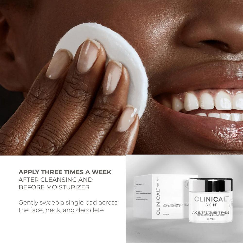 Clinical Skin A.C.E. Treatment Pads shown as a white exfoliating pad used on skin beside its white product jar and box