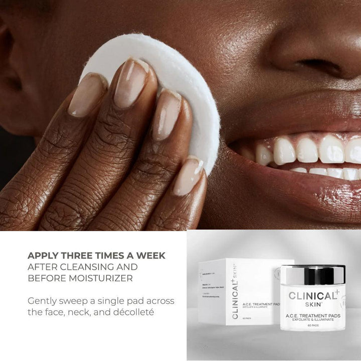 Clinical Skin A.C.E. Treatment Pads shown as a white exfoliating pad used on skin beside its white product jar and box