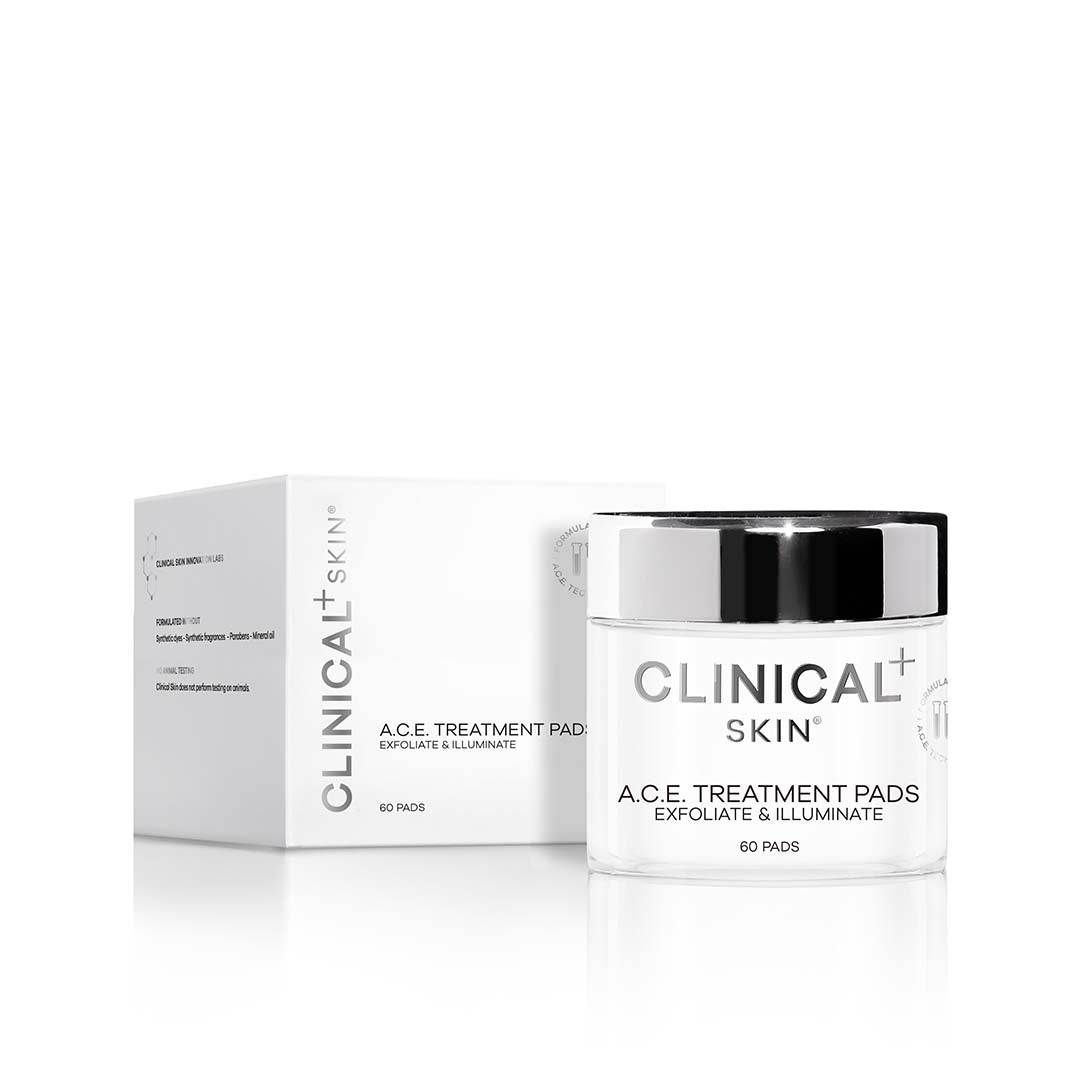 Clinical Skin A.C.E. Treatment Pads in a white jar with black lid and matching white exfoliating pad box