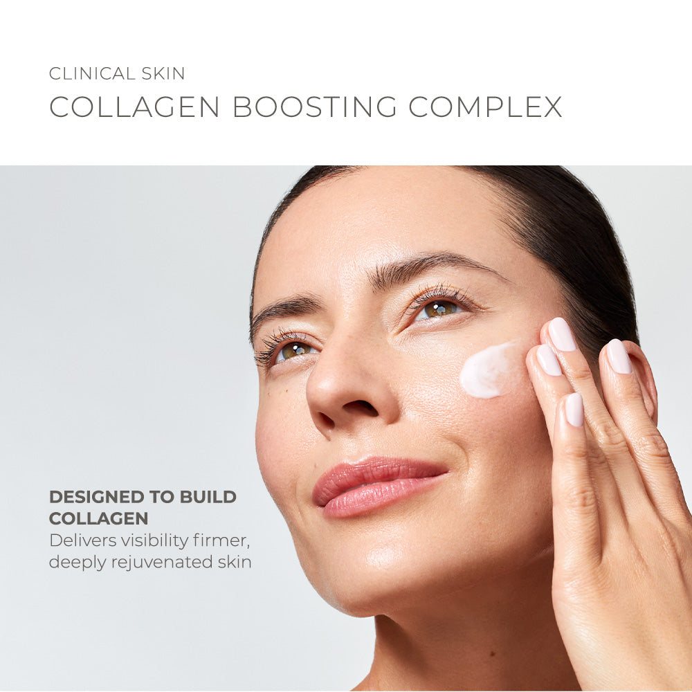 Clinical Skin Collagen gel-cream shown on a woman’s face, with a visible white cream application and collagen-boosting claims