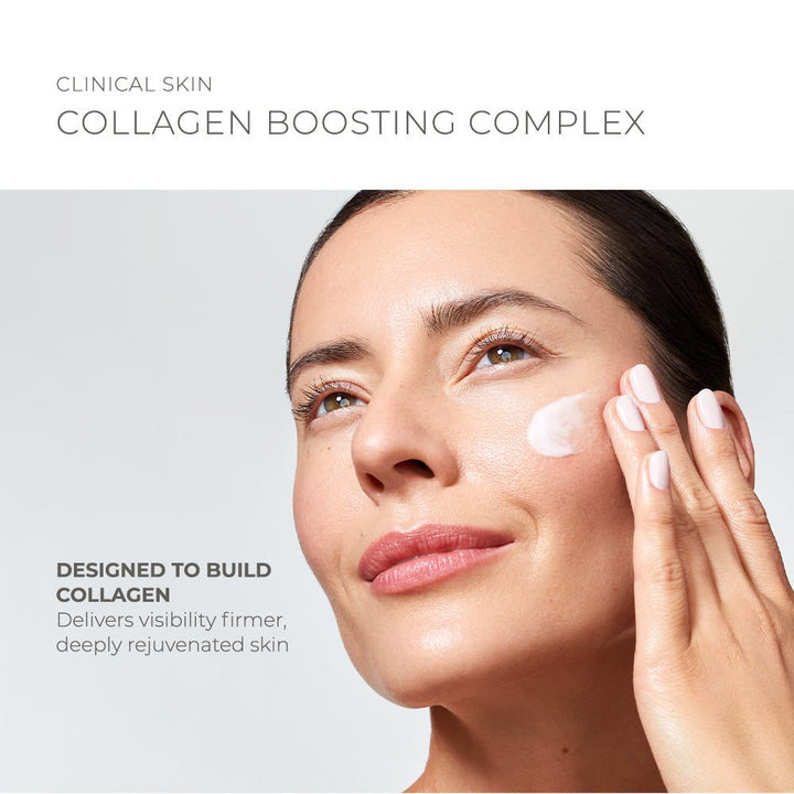 Clinical Skin Collagen gel-cream shown on a woman’s face, with a visible white cream application and collagen-boosting claims