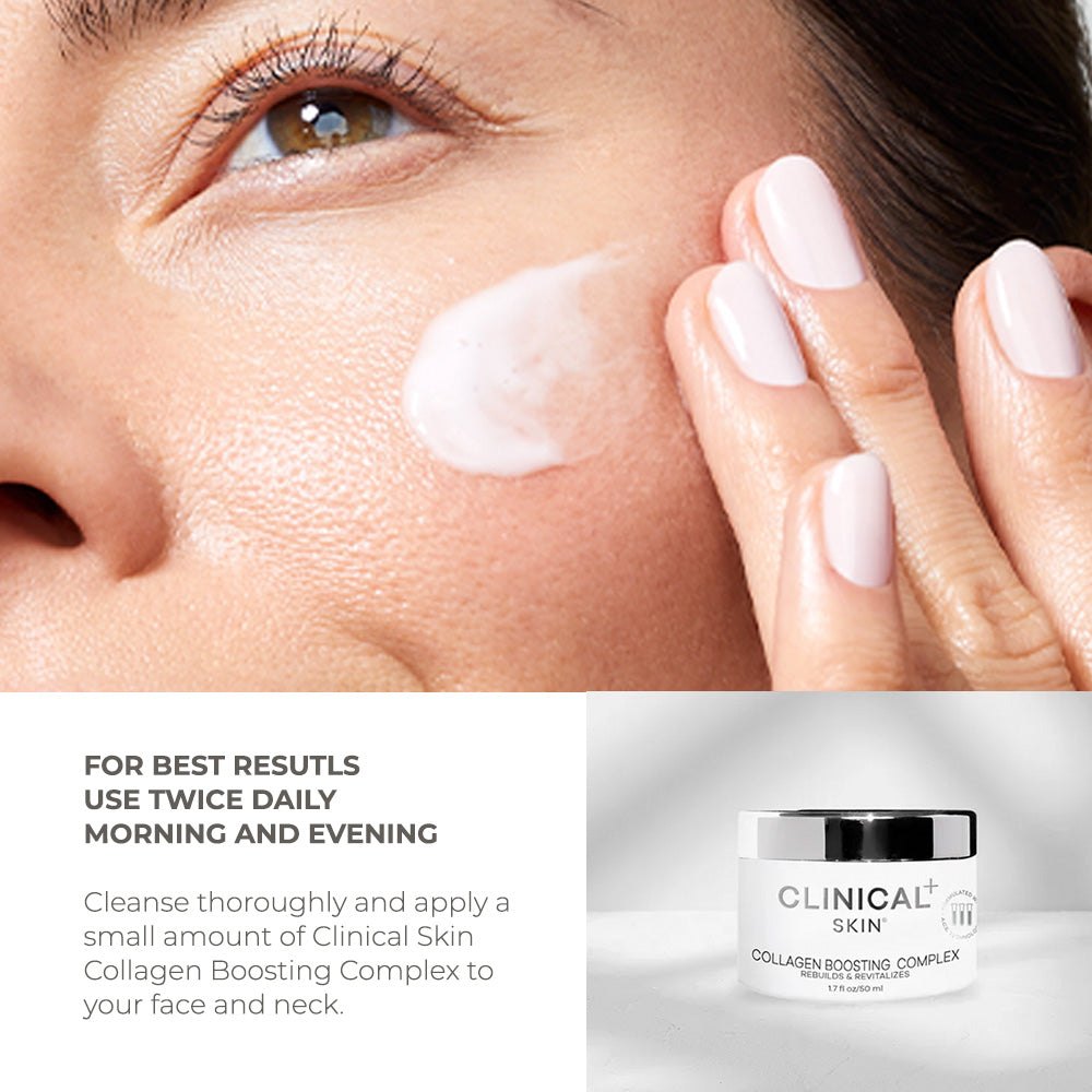 Clinical Skin Collagen gel-cream applied to cheek, with a white collagen boosting complex jar shown below
