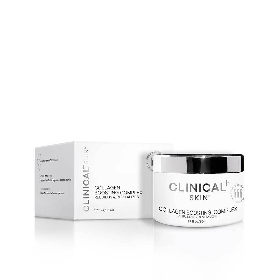 Clinical Skin Collagen white gel-cream jar and box with silver lid and collagen boosting complex label