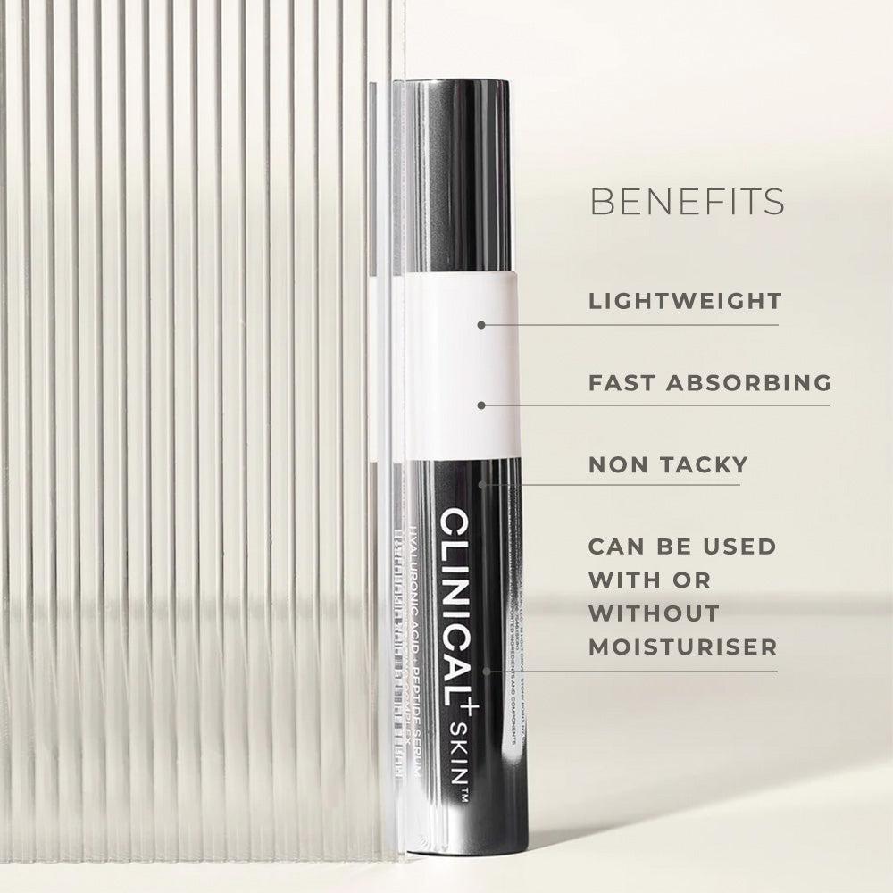 Clinical Skin Hyaluronic Acid serum in a black and silver tube with white label and pump dispenser
