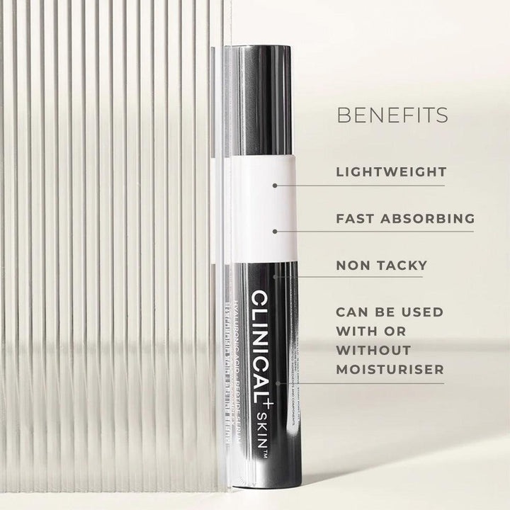 Clinical Skin Hyaluronic Acid serum in a black and silver tube with white label and pump dispenser