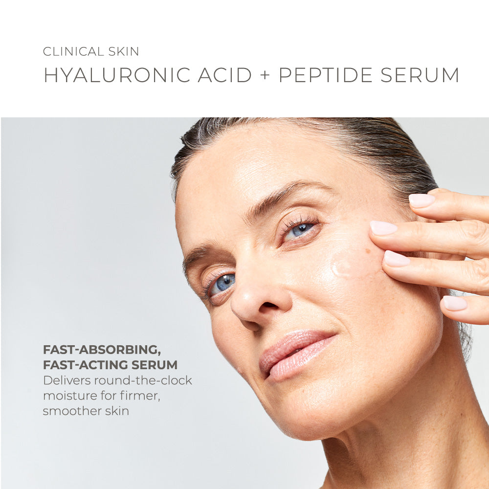 Clinical Skin Hyaluronic Acid serum with peptide formula for firmer, smoother, moisturised skin