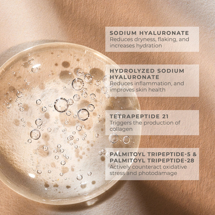 Clinical Skin Hyaluronic Acid serum with clear bubbly texture and ingredient benefits including peptides and sodium hyaluronate