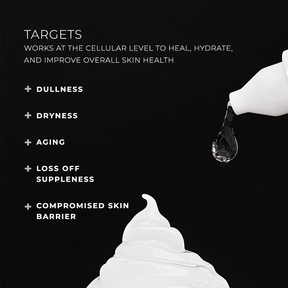 Clinical Skin Hyaluronic Acid serum shown with a white dropper dispensing a clear drop over white cream