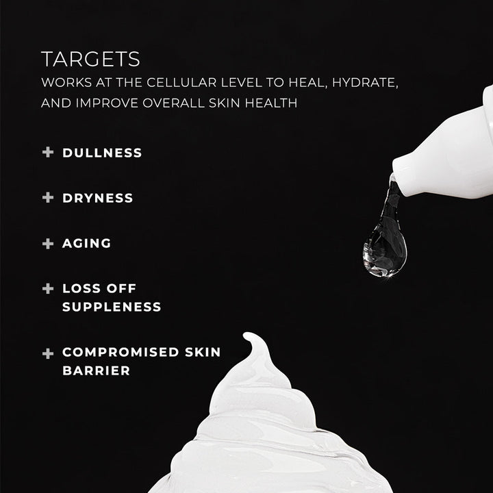 Clinical Skin Hyaluronic Acid serum shown with a white dropper dispensing a clear drop over white cream