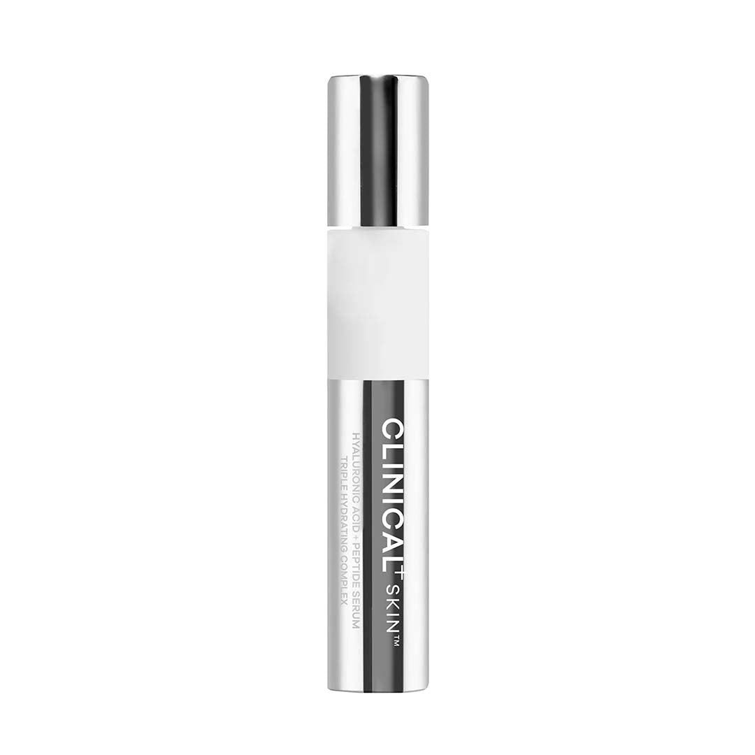 Clinical Skin Hyaluronic Acid serum in a slim white cylindrical bottle with reflective silver cap and black label