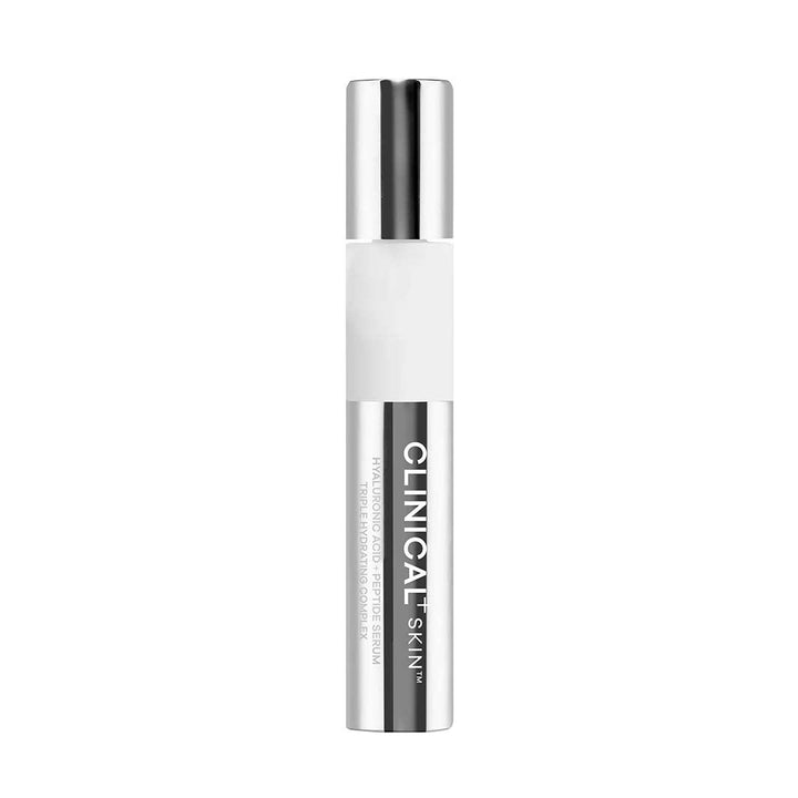 Clinical Skin Hyaluronic Acid serum in a slim white cylindrical bottle with reflective silver cap and black label