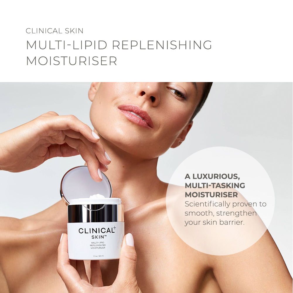 Clinical Skin Multi-Lipid Replenishing Moisturiser in a white jar with silver lid, shown as a luxurious facial cream