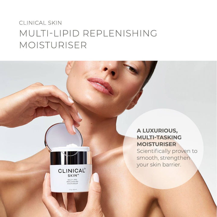 Clinical Skin Multi-Lipid Replenishing Moisturiser in a white jar with silver lid, shown as a luxurious facial cream
