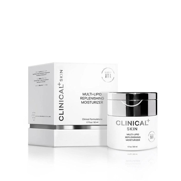Clinical Skin Multi-Lipid Replenishing Moisturiser white jar with black lid and matching white product box