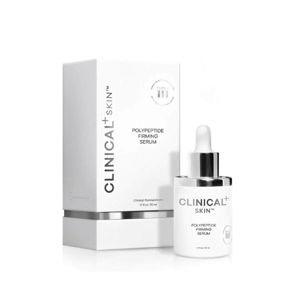 Clinical Skin PolyPeptide firming serum in a white glass dropper bottle with matching box