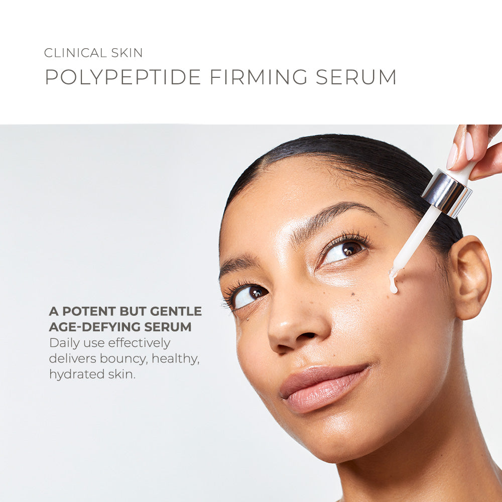 Clinical Skin PolyPeptide firming serum in a clear dropper bottle with a silver cap and white pipette