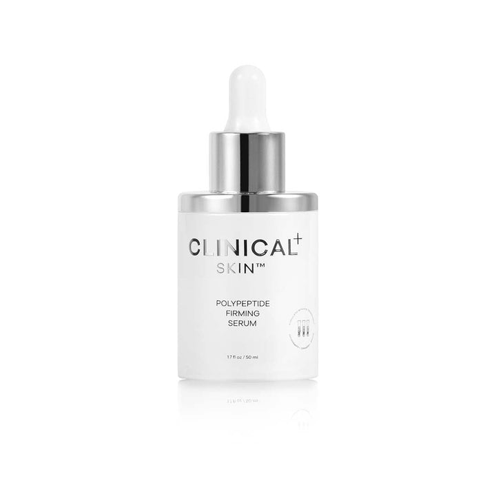 Clinical Skin PolyPeptide firming serum in a white bottle with silver dropper and minimalist label