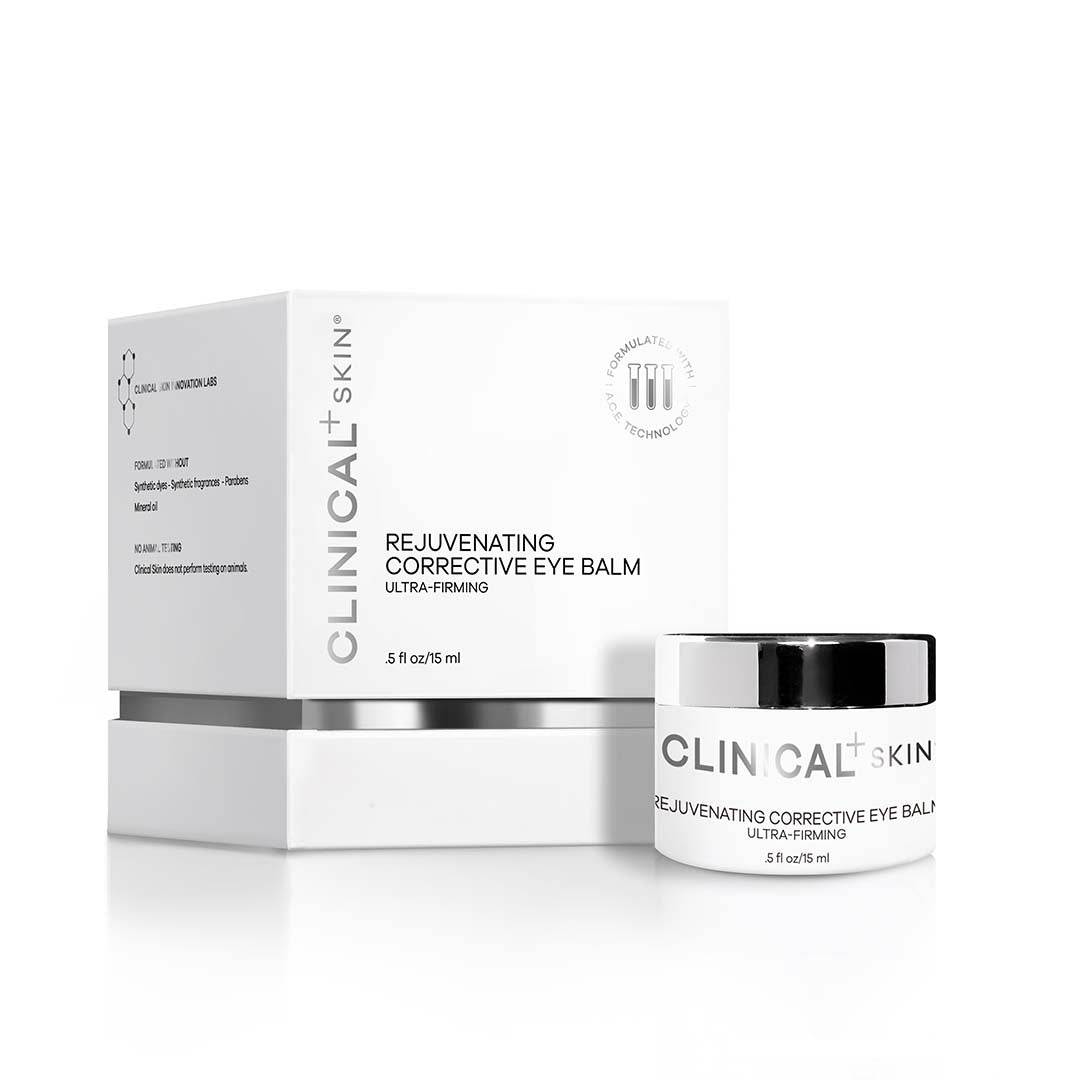 Clinical Skin Rejuvenating corrective eye balm in a white jar and matching white packaging with black lettering