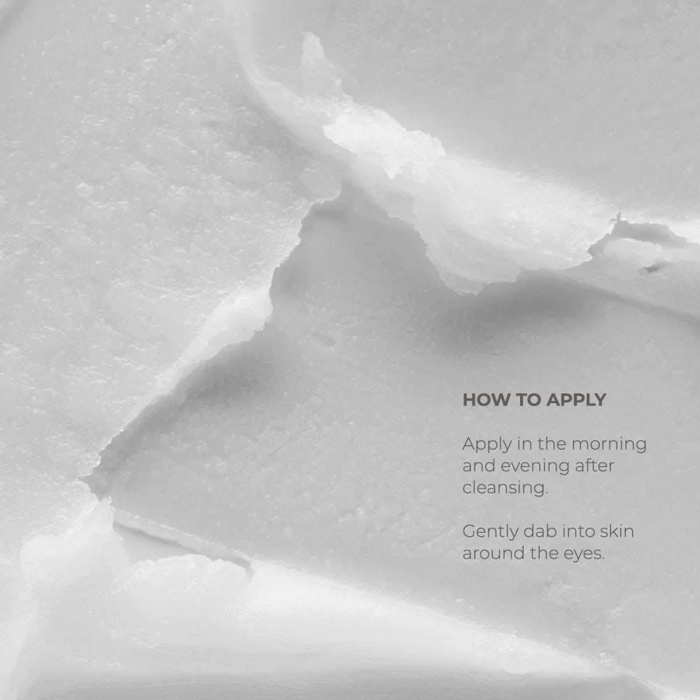 Clinical Skin Rejuvenating eye balm shown as a smooth white balm with a velvety texture and application guidance