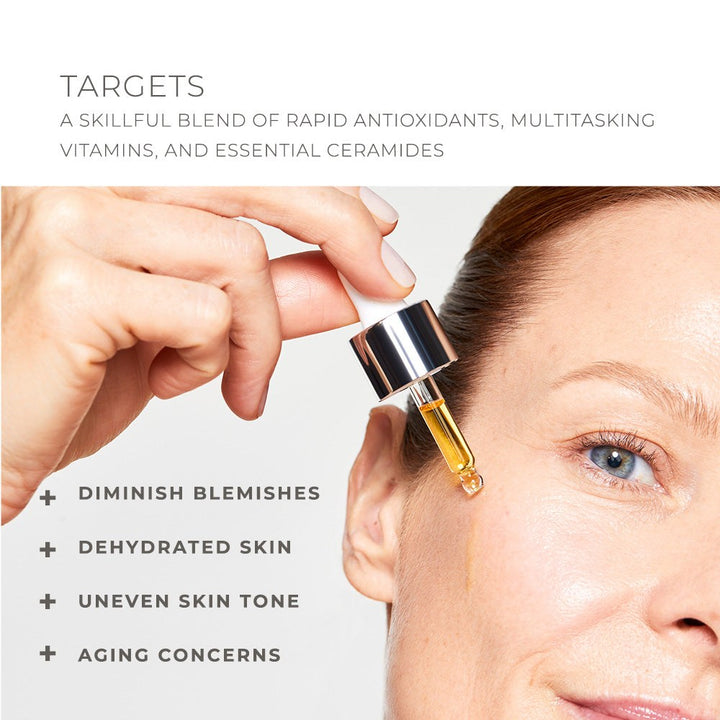 Clinical Skin Retinol serum shown in a glass dropper bottle beside a woman's face, targeting blemishes and uneven skin tone