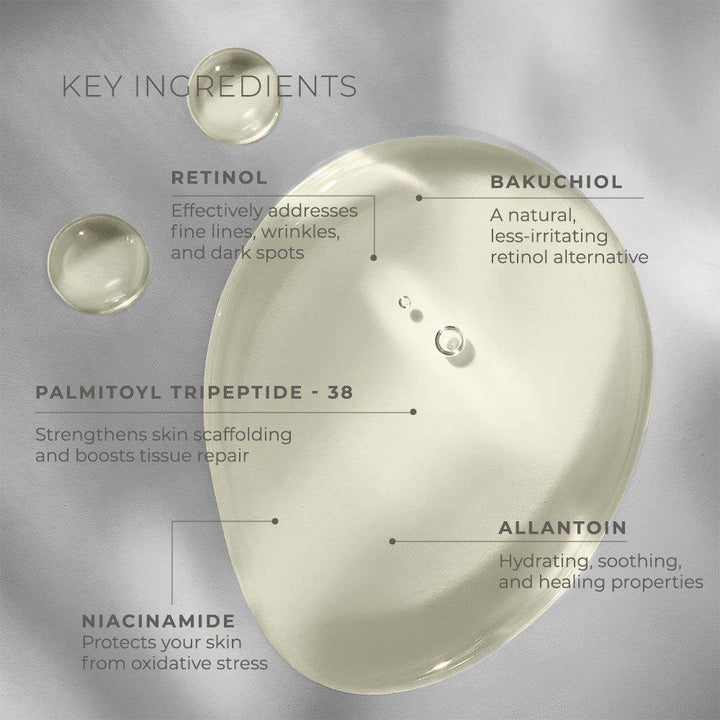 Clinical Skin Retinol serum swatch in a translucent pale cream gel with key ingredient labels