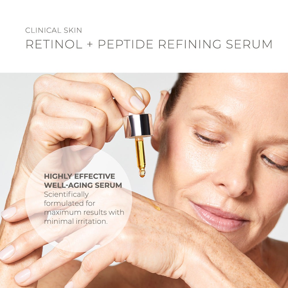 Clinical Skin Retinol peptide refining serum shown in a dropper bottle with a clear amber formula