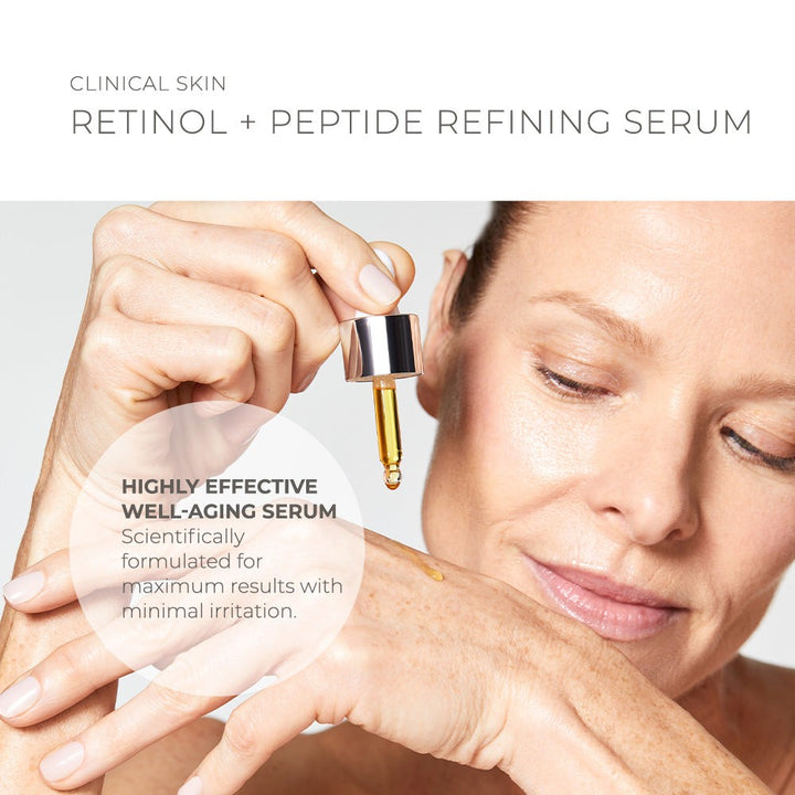Clinical Skin Retinol peptide refining serum shown in a dropper bottle with a clear amber formula