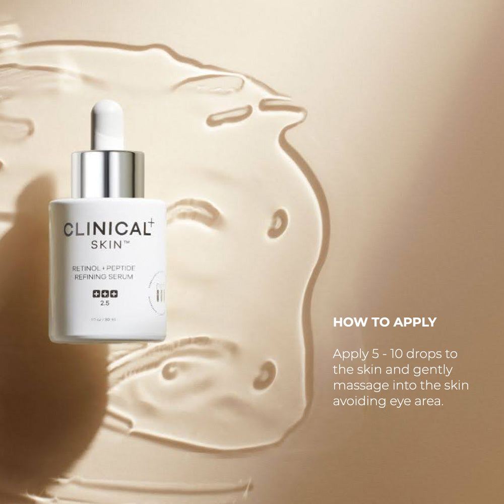 Clinical Skin Retinol refining serum in a white dropper bottle with silver cap and retinol peptide label