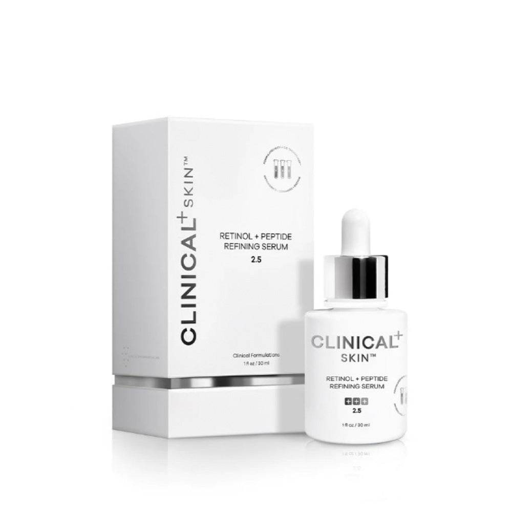 Clinical Skin Retinol refining serum in a white dropper bottle with matching box, retinol and peptide formula