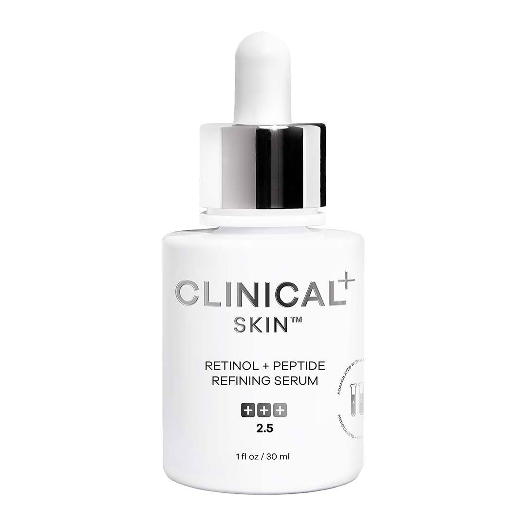 Clinical Skin Retinol white dropper bottle with chrome cap, labelled Retinol + Peptide Refining Serum