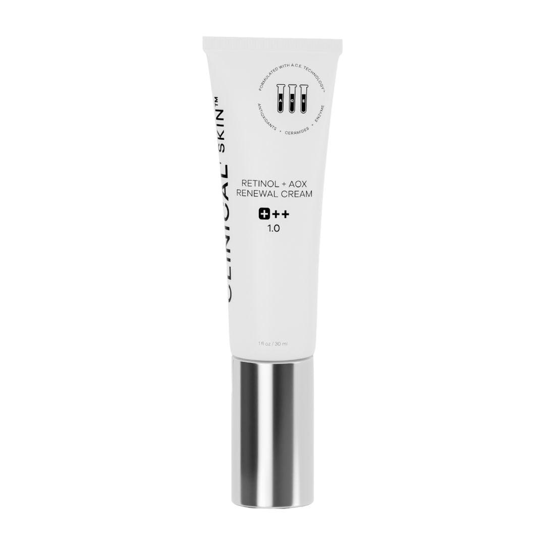 Clinical Skin Retinol white tube with silver cap, labelled Retinol + AOX Renewal Cream and 1.0