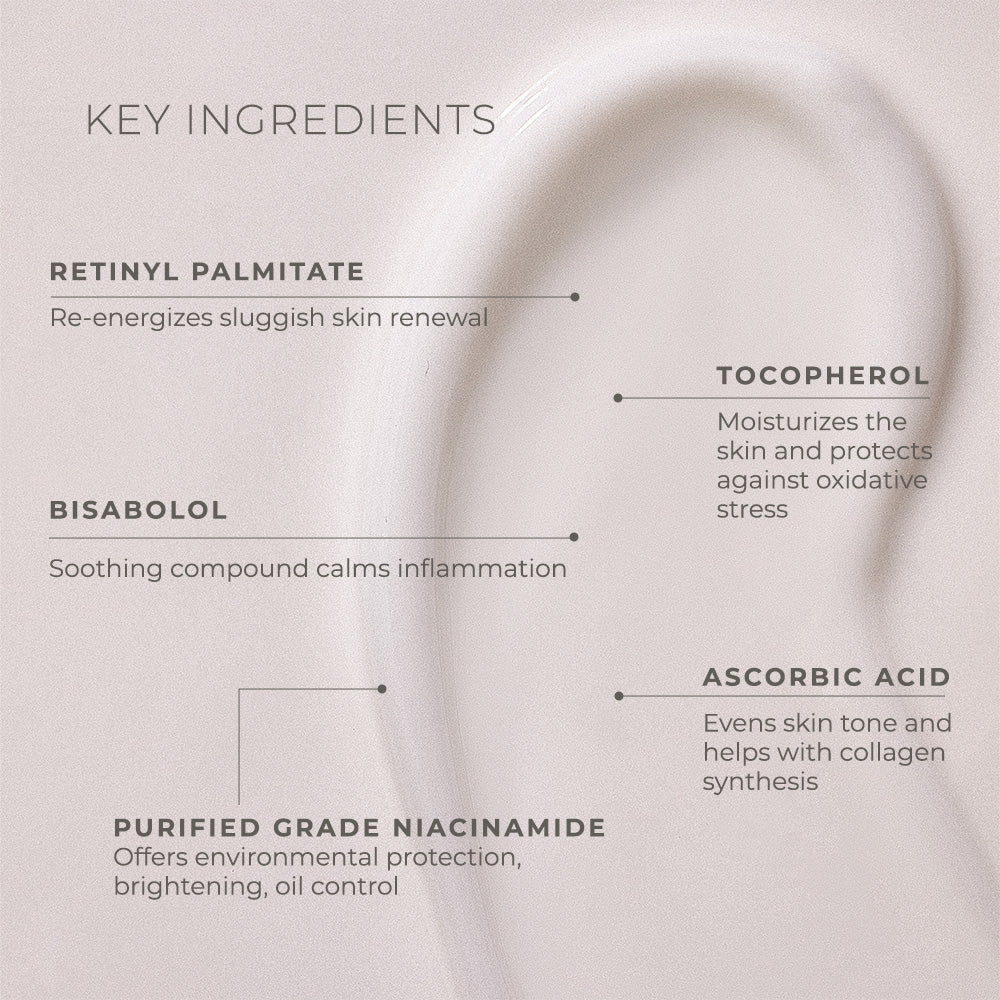 Clinical Skin Ultra-Light Balance Renew Moisturiser key ingredients graphic featuring retinyl palmitate, bisabolol, tocopherol, ascorbic acid and niacinamide
