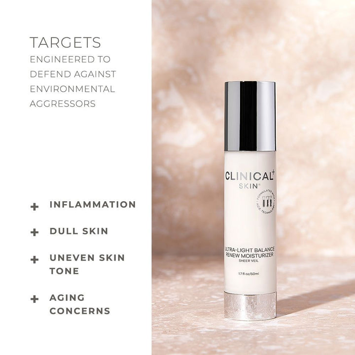 Clinical Skin Ultra-Light Balance Renew Moisturiser in a white pump bottle with a reflective silver cap and minimalist label